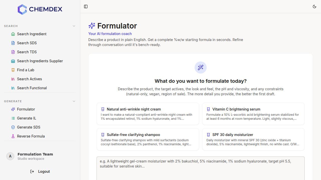 Chemdex.ai — Cosmetic Regulatory Compliance & Formulation Management ...
